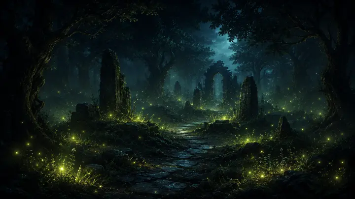 A firefly-lit forest path through ancient ruins