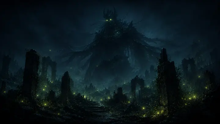 A towering shadow creature with glowing eyes over firefly-lit ruins