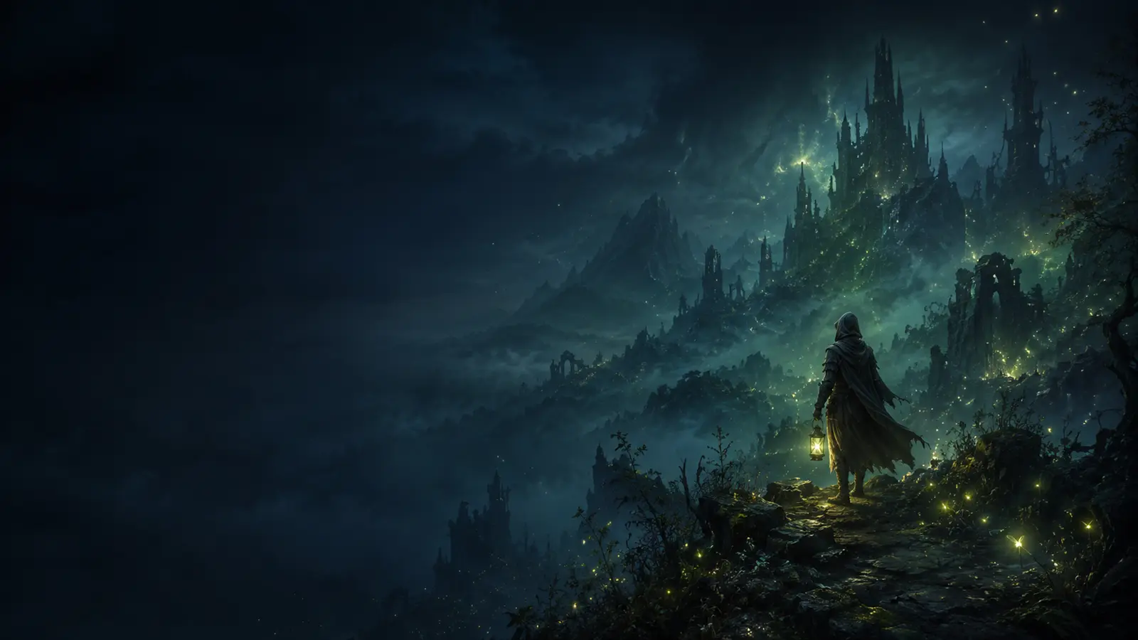 A lone adventurer overlooking a glowing fantasy vista