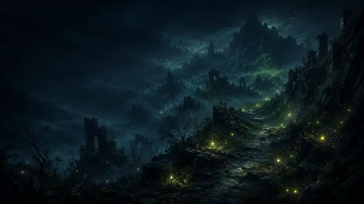 A firefly-lit stone path winding up a misty mountain at night