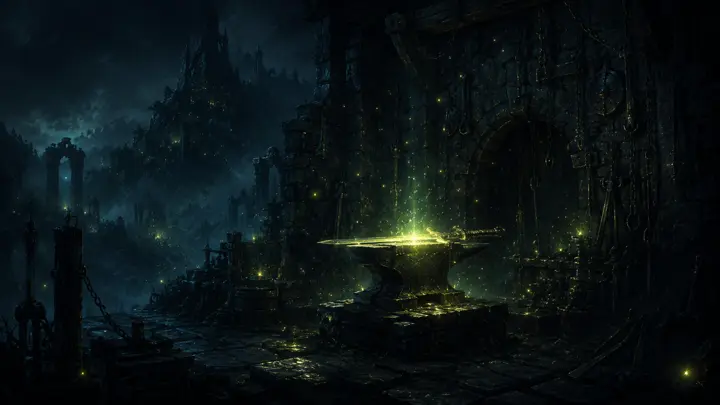 A glowing anvil with a radiant sword in a ruined forge